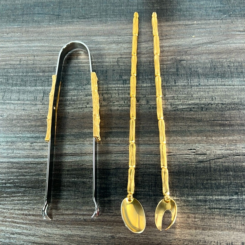 RARE VINTAGE NAPIER GOLD PLATED OLIVE FORK, SPOON, and TONGS BAMBOO HANDLE